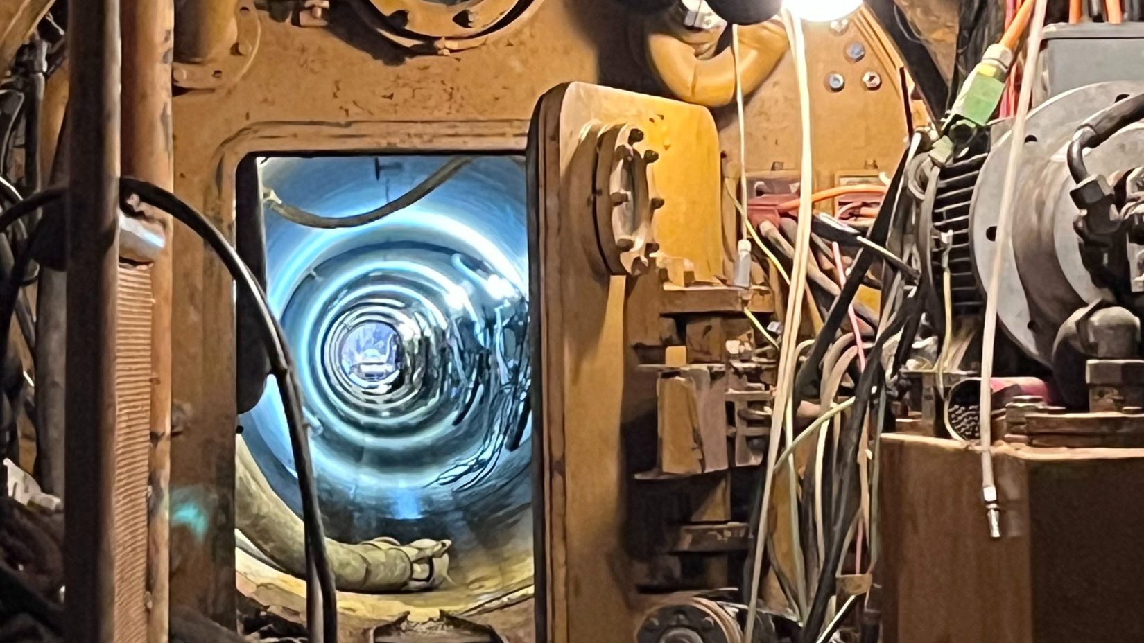 Blick in die Vortriebsmaschine beim bemannten Rohrvortrieb.