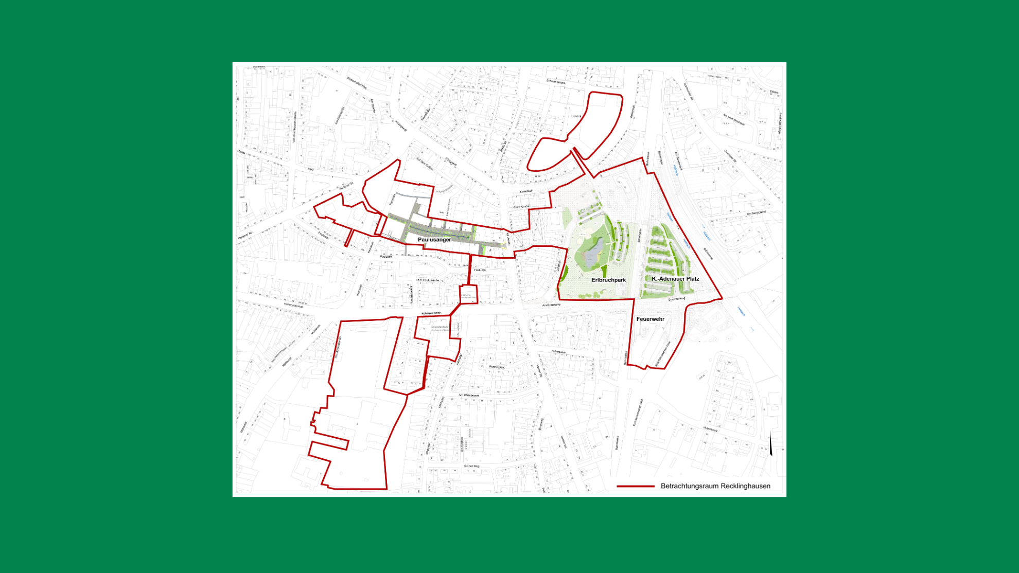 Grafik: Die Orte in Recklinghausen: Innerhalb der roten Linien wird der Umgang mit Wasser zukünftig weiter verbessert.
