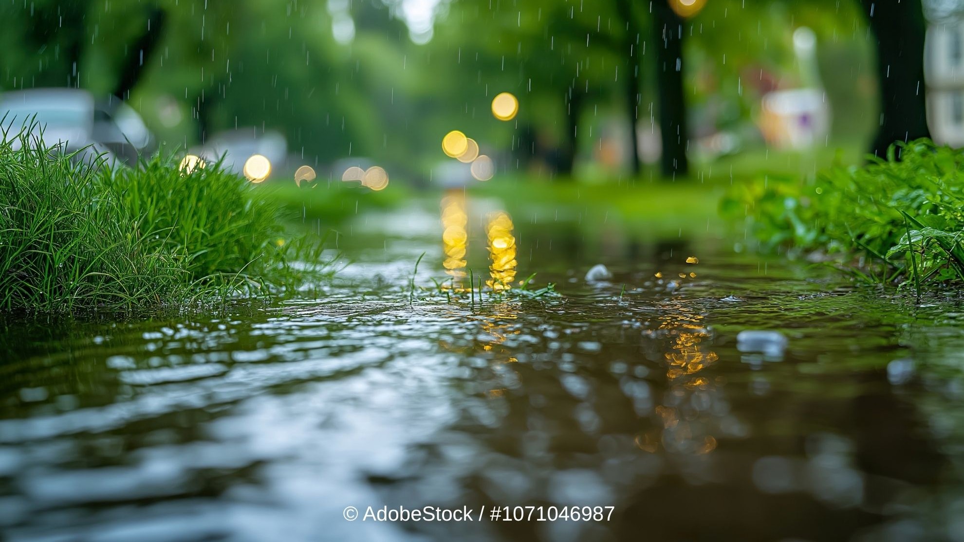 Blick auf Wasser und Gras neben einer Straße in einer Stadt.