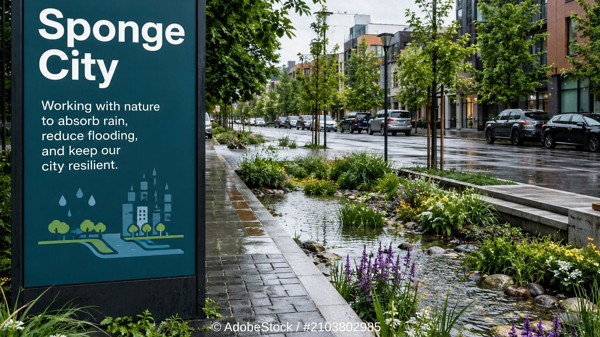 Blick in eine Straße ind er Stadt mit einem Schild, das auf das Schwammstadt-Konzept hinweist, und Pflanzen und Wasser direkt am Bordstein
