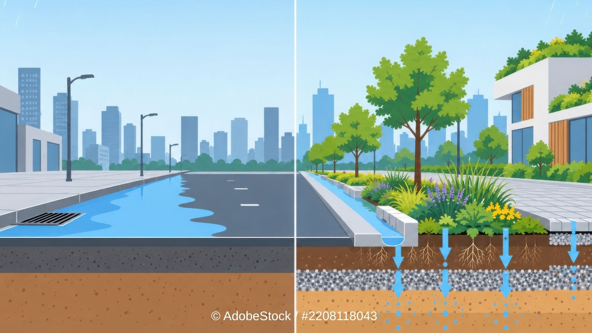 Grafik zeigt links eine Stadt mit ausschließlich versiegelter Fläche, auf der sich Wasser staut - rechts dagegen eine Schwammstadt mit Grünflächen, wo Regenwasser gespeichert wird.