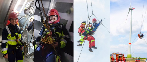 Angekommen im Maschinenhaus des Windrads; gut gesichert beim Warten im Spinner auf die Retter; Abseilen im "spek bac"; die Kollegen am Boden sorgen bei dem Wind für Sicherheit.