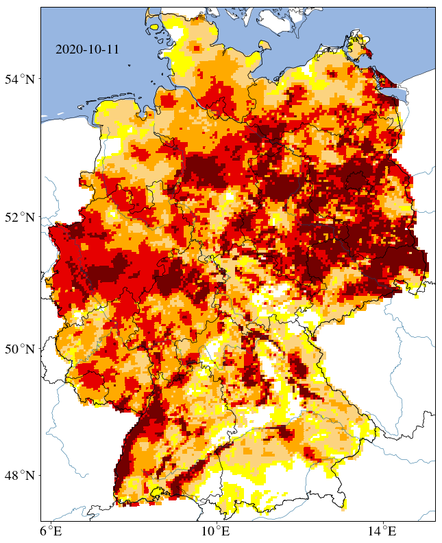 Der Dürre-Minitor zeigt den Zustand der Böden nach dem Sommer 2020: Dunkelrot und rot gefärbte Regionen sind besonders stark betroffen von der Trockenheit. © UFZ-Dürremonitor/ Helmholtz-Zentrum für Umweltforschung.