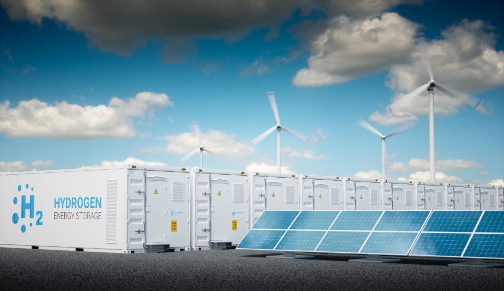 Fotomontage mit Wasserstoff aus Photovoltaik- und Windkraftanlagenpark Wasserstoff war ein Thema bei der Energy Transition Summit 2020