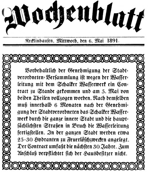 Wochenblatt-Hinweis auf den Vertragsabschluss zwischen Recklinghausen und Gelsenwasser, am 6. Mai 1891.