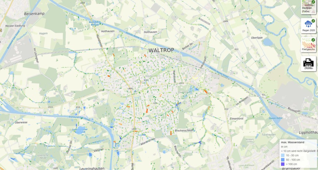 Die Starkregengefahrenkarte für Waltrop ist hier einsehbar: https://waltrop-starkregen.de/waltrop/