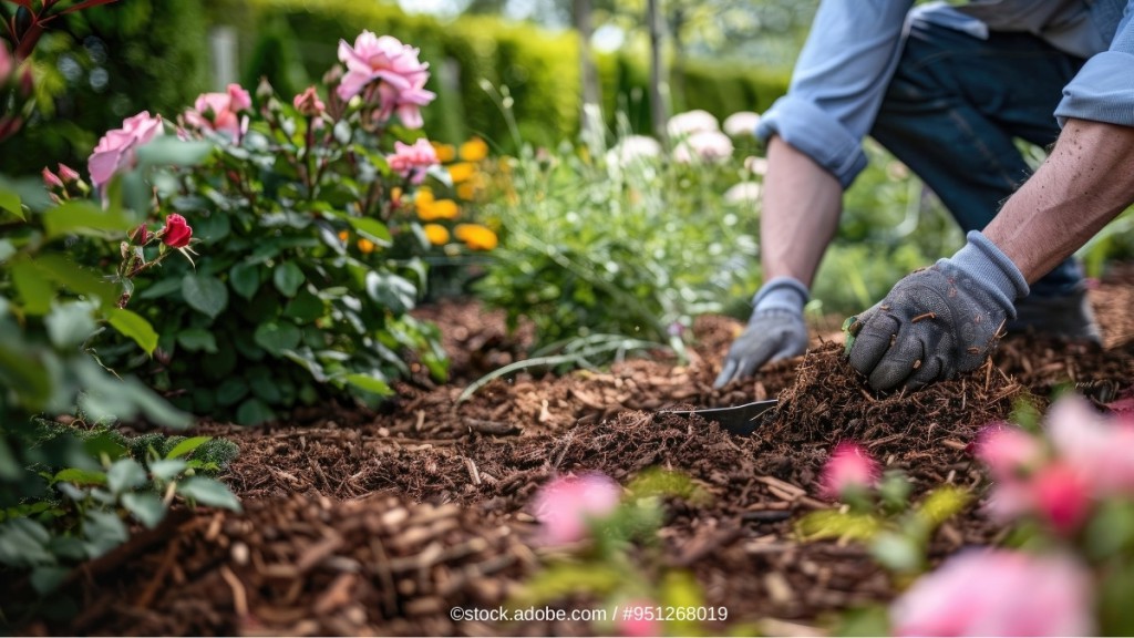 Ein Gärtner verteilt Mulch in einem Blumenbeet. 